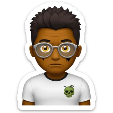Um garoto zombie de cabelo castanho escuro, quase preto, com um cabelo médio, com olhos castanhos esverdeados, de camisa branca, com óculos redondo sticker