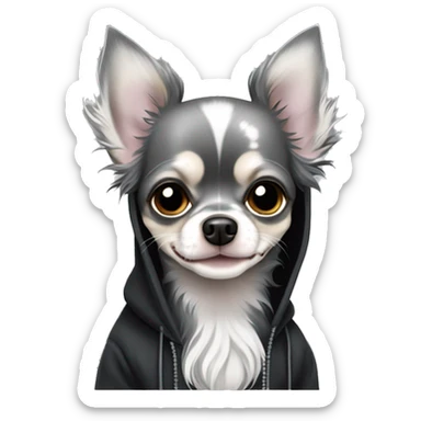 Dark Grey Merle light grey long hair chihuahua dog in a black hoody sticker