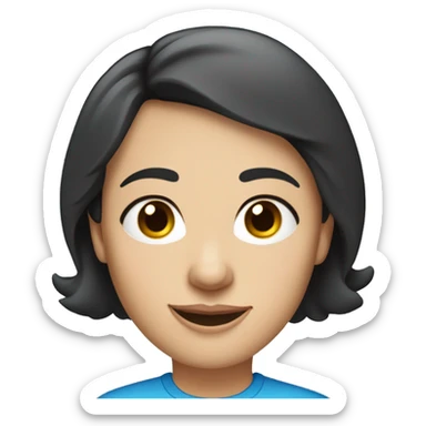 A head and shoulders shot of a 50 year old caucasian woman with short black hair, blue eyes wearing a tshirt. sticker