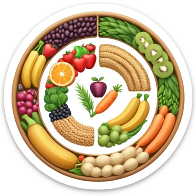 Dietary fiber concept with whole grains, fruits, vegetables and legumes arranged in a circular pattern, with a stylized intestine in the center showing fiber passing through, surrounded by small arrows indicating movement and digestion sticker