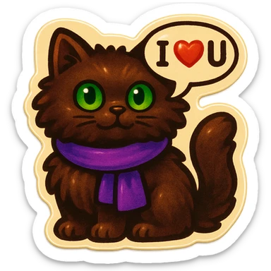 Fluffy dark-brown cat with green eyes and a purple scarf saying ‘I ♡ U’ (with a speech bubble) sticker