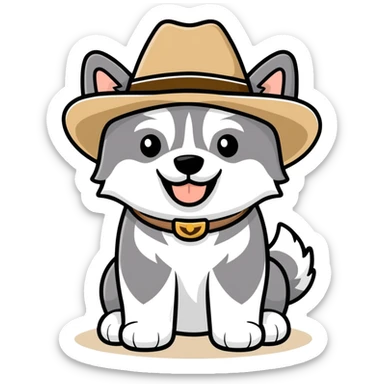 Malamute puppy wearing cowboy hat and smiling sticker
