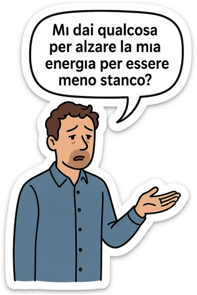 uomo che dice in una nuvoletta "mi dai qualcosa per alzare la mia energia per essere meno stanco?" sticker