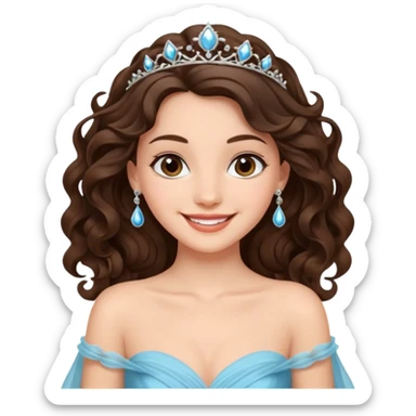 a beautiful brunette wavy flowy hair princess wearing a gown with elegant piercing and smile gently  sticker