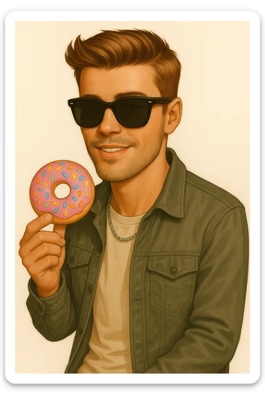 Add sunglasses to Justin Bieber while he holds a donut, keep realistic cartoon style, realistic cartoon look with sunglasses added on face, donut in hand visible clearly. sticker