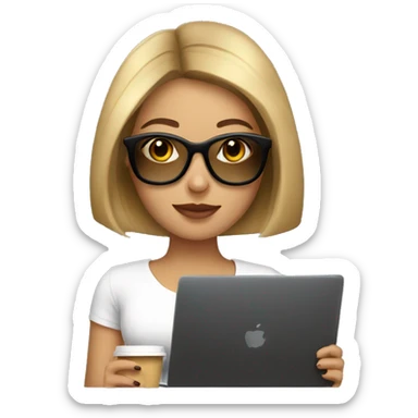 Brunette girl+bob Haircut+ Gold Glases+laptop+coffee sticker