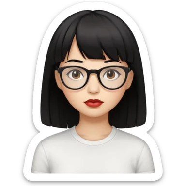 uma mulher snapchat icon, cor da pele normal, cabelo preto liso solto com franja, óculos pretos, piercing na boca e nariz, olhos castanhos, camisa branca sticker