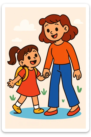 daughter holding hands with mother, colorful cartoon style, light background sticker