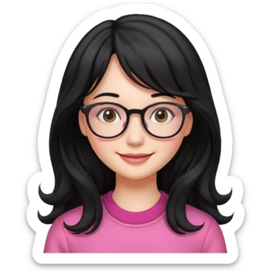 Please generate a portrait of a pretty girl with long, wavy, black hair. She's smiling. She also wears a middle parting and bangs. with glasses pink clothing sticker