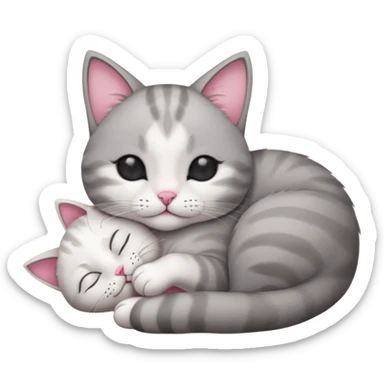 1 grey and white small cat with his eyes closed lying down leaning on his elbow with his paw curled under his head holding it up sticker