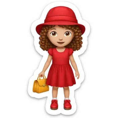 emoji-style icon of a little girl, brown curly hair, light skin, red dress, red hat, brown shoes sticker