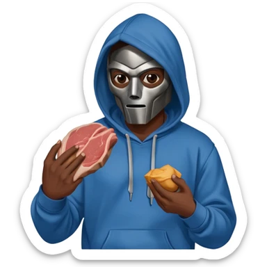 MF DOOM in a blue hoodie holding a piece of meat sticker