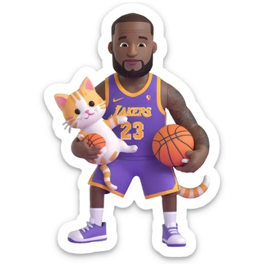 LeBron James handing a kitten and a basketball sticker