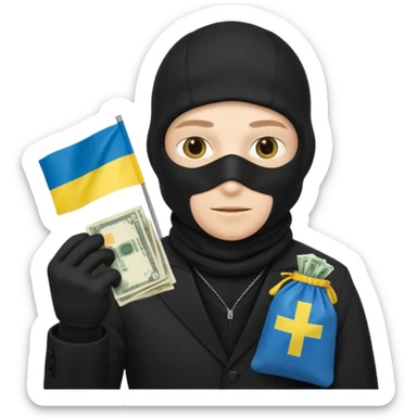 create an incredibly realistic white thief in a black suit and balaclava with a bag of money and a Ukrainian flag on it sticker