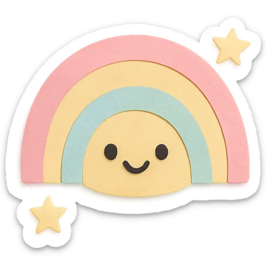 soft pastel gentle rainbow arc with tiny star companions, no arms, no legs, full body, soft pastel kawaii paper craft style sticker