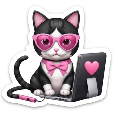 Black and white cat with pink ribbon and black cool sunglasses doing pink computer with pink heart sticker
