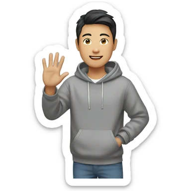 asian boy in grey hoodie waving at friends sticker