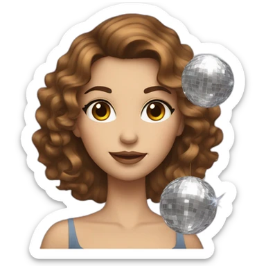female with brown wavy hair dressed in a party dress and disco ball sticker