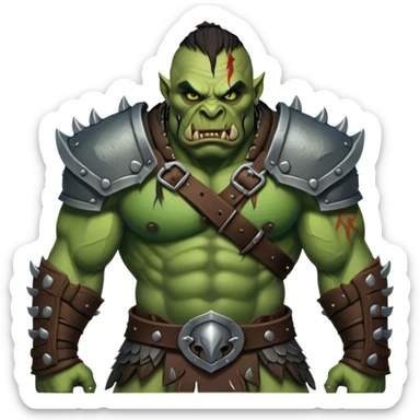 Cinematic Realistic WoW Orc Warrior Portrait, captured in a dynamic, battle-ready stance, muscles bulging beneath intricately detailed tribal armor accented with dark leather and iron. His fierce, determined eyes and battle-scarred green skin are rendered with dramatic natural lighting and high shine, exuding raw, relentless fury in a fierce combat pose. sticker