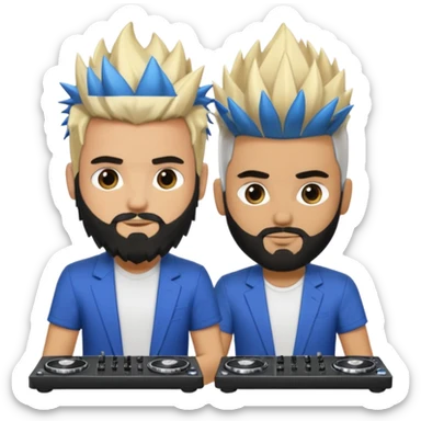 Two male dj’s, one with a long spiky Blonde hair, the second one black short hair and black beard sticker