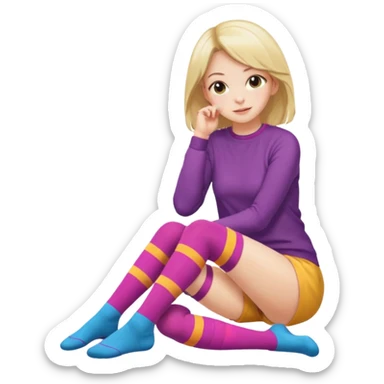 Cute girl thigh high socks sitting legs out, colorful clothes sticker