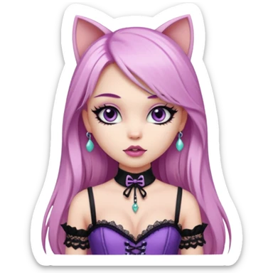pretty bratz girl, long straight LIGHT pink HAIR, jade kitten eyes, black eyeliner, pale skin, purple corset clothes with laces sticker