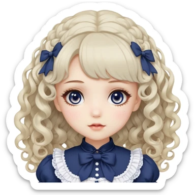 Pale girl with soft curly ash blonde-navy hair, grey eyes, doll-like makeup, wearing a navy lolita hime gyaru dress emoji. sticker