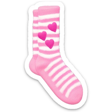 Light Pink and white stripe fuzzy socks with hot pink hearts on them sticker