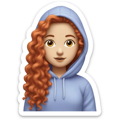 a white girl with long red curly hair, wearing a pastel periwinkle hoodie doing a pose sticker