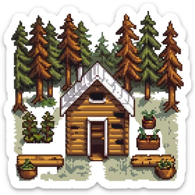 wooden cabin in forest clearing with small garden sticker