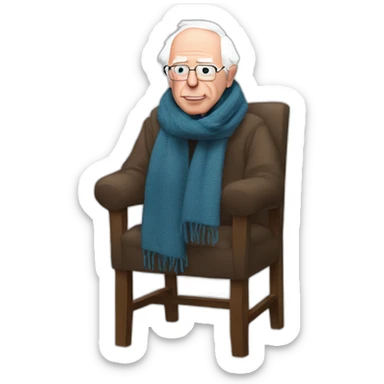 Bernie sanders sitting on chair having cold wearing a scarf sticker