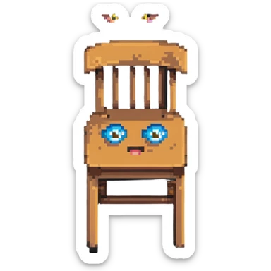 Pixel art of a wooden chair with cartoon eyes flying in the air sticker