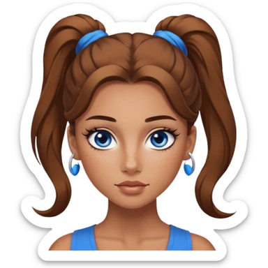 Attractive Woman with tan skin, baddie style, blue eyes, wide face, freckles, and a long voluminous ponytail and dark eye makeup sticker