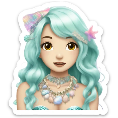 mermaid hime gyaru girl, black hair, shell jewellery  sticker