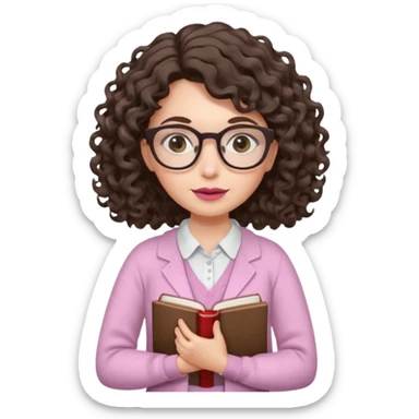 A crazy female scientist, with curly-wavy dark brown hair, brown eyes and light grey glasses and pale skin and pinkish lips, dressed to look like an english teacher sticker