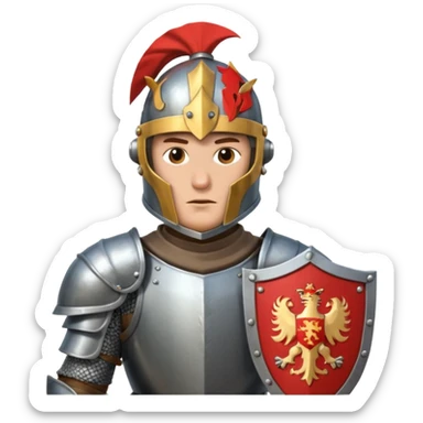 An emoji portrait of a medieval knight. He wears a suit of armor with a stylized helmet. His expression is serious and determined, and he holds a shield with a family crest. sticker