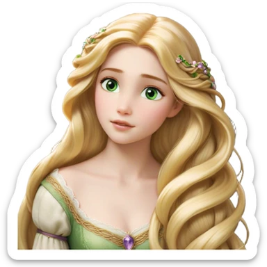 Cinematic Realistic Rapunzel Portrait, with porcelain-like skin featuring a subtle, natural glow, illuminated by soft lighting that brings out the gentle contours of her face. Her long, golden blonde hair cascades in detailed waves, each strand highlighted with a radiant shimmer as it catches the light. Her bright, expressive green eyes exude curiosity and warmth, framed by delicate lashes and soft, arched brows. Her expression is playful and vibrant, with a gentle smile. She is dressed in her classic lavender and pink gown, the fabric textured with delicate folds that flow naturally, catching the light with a soft, radiant glow. The portrait captures a luminous, enchanting aura, seamlessly blending realism with a whimsical, fairytale charm, evoking a timeless sense of beauty and magic. sticker