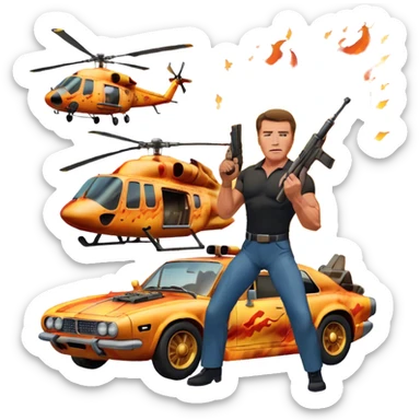 Icon for Action Movies: Arnold Schwarzenegger in the lead role, in an intense action pose with weapons, explosions, a car and helicopter flying out of flames in the background. The design should capture the explosive energy and heroism of classic action films. Transparent background. sticker