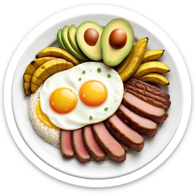 Cinematic Realistic Bandeja Paisa Dish Emoji, depicted as a hearty platter featuring beans, rice, meat, and plantains rendered with detailed textures and vibrant, robust lighting. sticker
