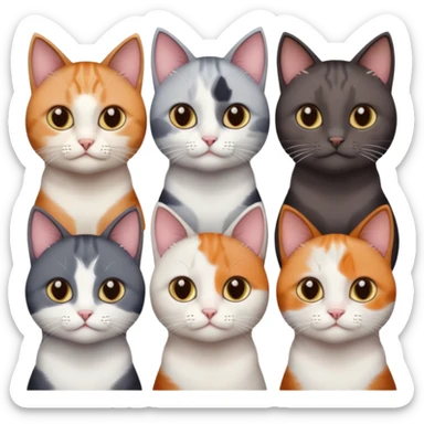 5 different coloured short haired cats including; a dark brown and white cat, and a dark grey and white, and a calico sticker