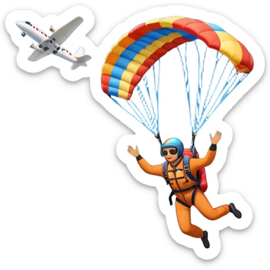 A skydiver free-falling through the sky, with a brightly colored parachute open above them. The background features a vast blue sky dotted with fluffy clouds, birds soaring nearby, and a plane flying off in the distance, emphasizing the thrill and freedom of the sport. sticker