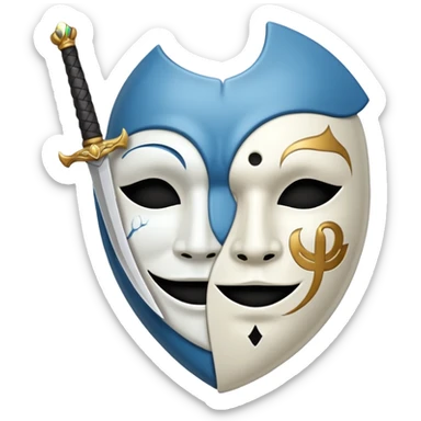 A sword in the middle, on the write sad mask and on the left happy mask sticker