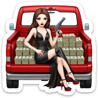 Lilith symbol red eye seductress evil long brown haired sexy succubus woman with leather long dress with slit on, sitting in Big Large F350 pickup truck. Platform high heels in feet. Back seat full of stacks of cash, she is  Holding a human skull of her enemies and a gun in other hand sticker