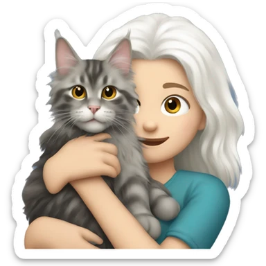 A girl with white hair holds a Maine coon cat in her arms sticker
