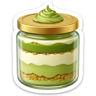 A small round glass jar with a gold lid, filled with layered dessert: creamy white base, green matcha layer in the middle, and a crunchy topping on top.

 sticker