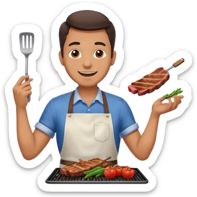 A cheerful man in an apron flipping meat on a sizzling grill with smoke puffing upward. sticker