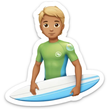 A surfer with a bubble.io t shirt sticker