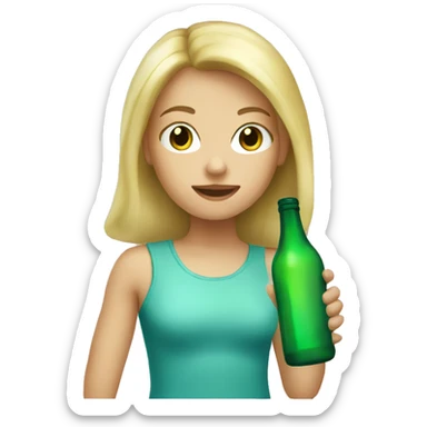 blond girl with a green bottle sticker