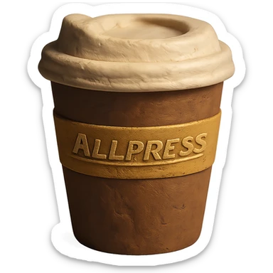 3D claymation style Allpress coffee cup, brown and gold colors, transparent background sticker