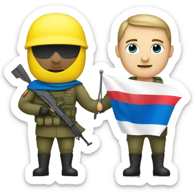 a soldier who holds the Russian flag in one hand and the Ukrainian flag in the other sticker